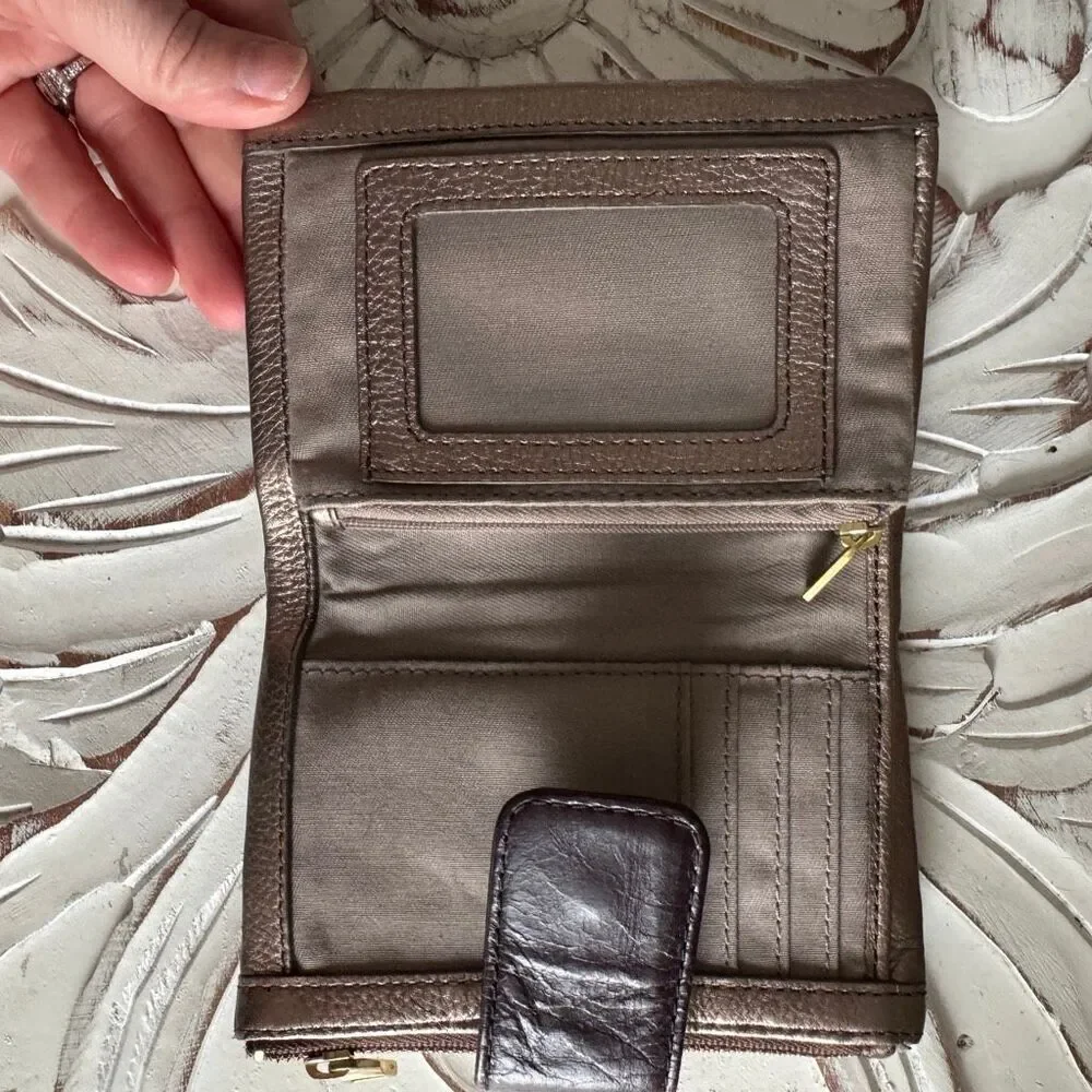 Fossil Ellis multifunction leather tri-fold wallet in brown and metallic taupe